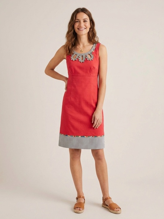 Boden Dresses & Skirts - Boden Coral Pink Cotton Shift Dress with Cutout Neckline Striped Floral Trim 2